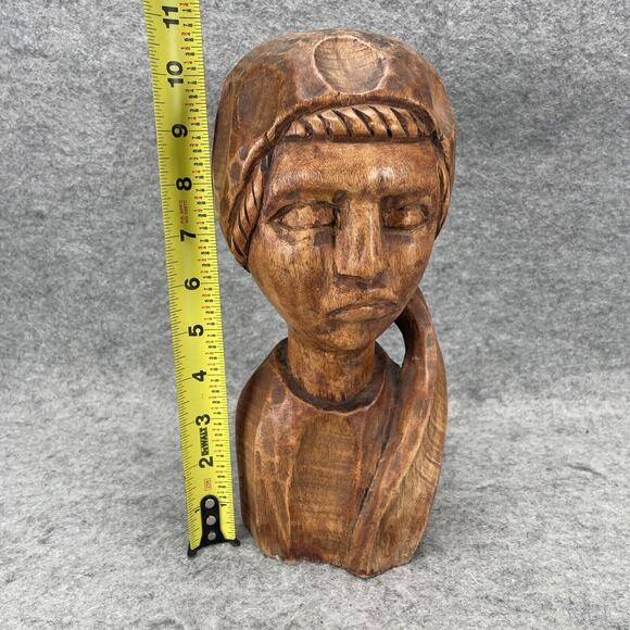 Vintage Caribbean Hand carved Wooden Woman Bust Sculpture with Scarf 11" - Picture 9 of 9